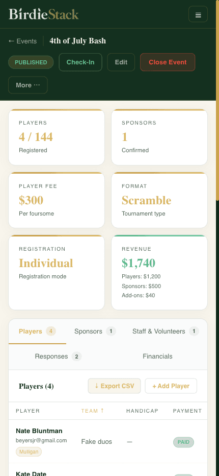 BirdieStack event page on mobile